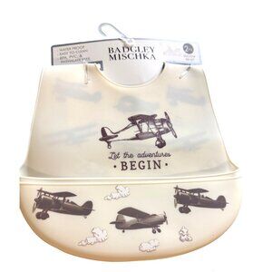 (2) Badgley Mischka Waterproof Silicone Baby Bibs W/ Aeroplane Design BPA-Free E